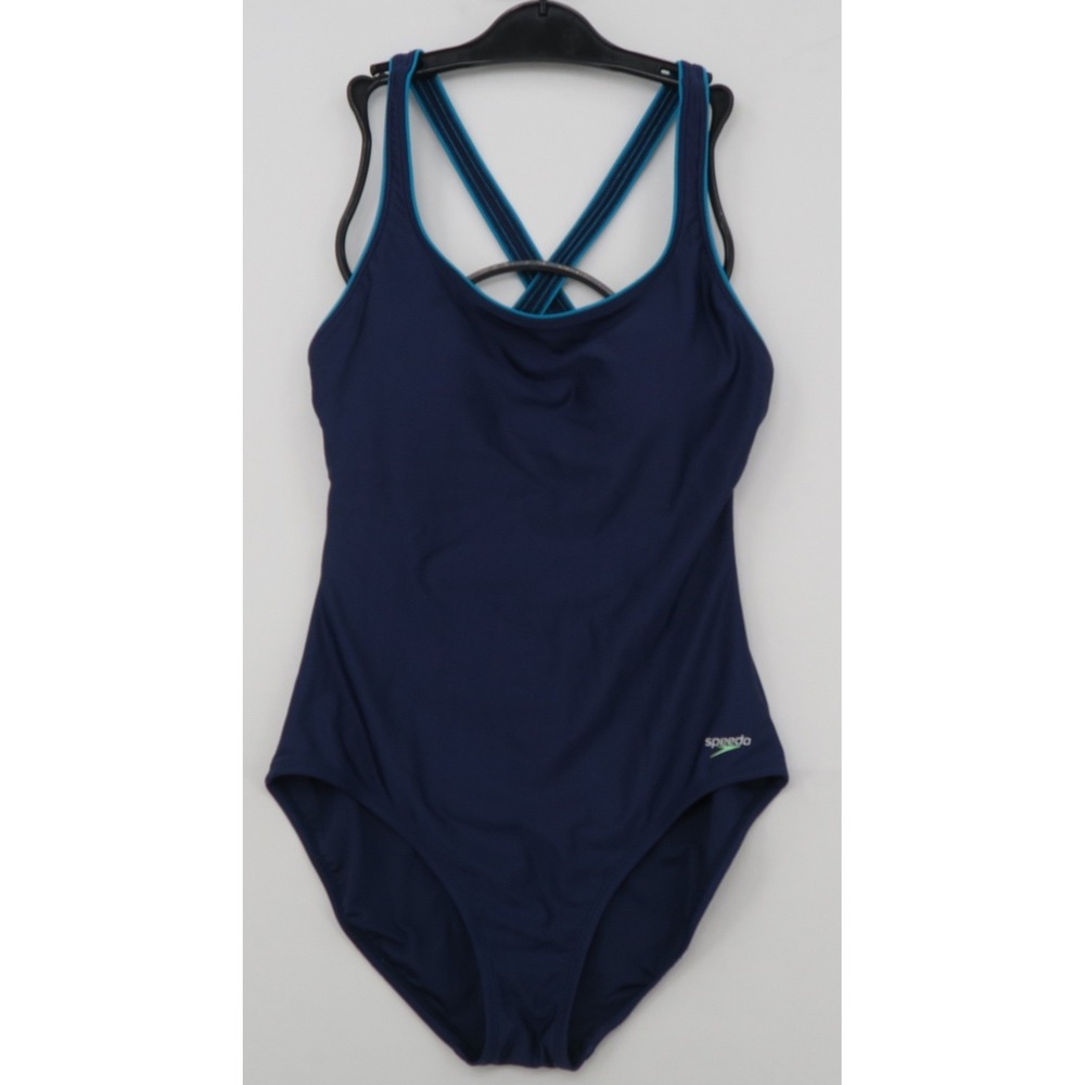 Speedo Womens Navy Blue Teal Trim Crossback One Piece Swimsuit Size 12 Keyhole